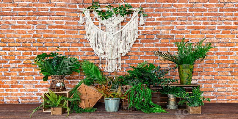 Kate Boho Retro Brick Wall and Plants Backdrop Designed by Emetselch -UK
