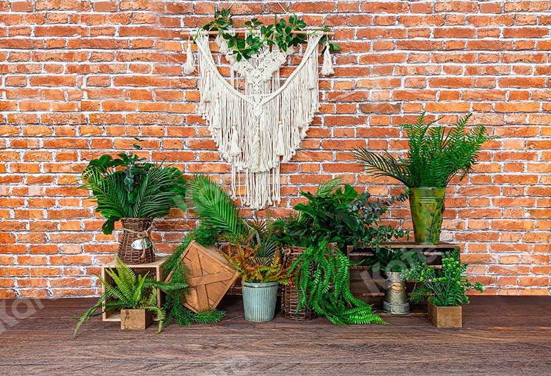 Kate Boho Retro Brick Wall and Plants Backdrop Designed by Emetselch -UK