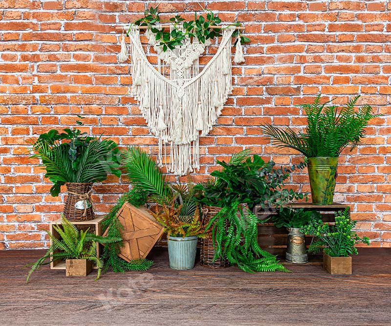 Kate Boho Retro Brick Wall and Plants Backdrop Designed by Emetselch -UK