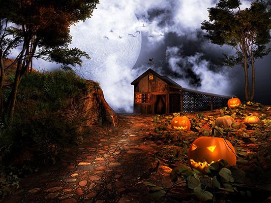 Kate Big Moon Night Pumpkin Lamps Shady huts Backdrop for Halloween Photography - Kate backdrops UK
