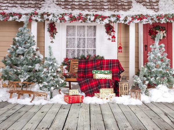 Kate Snow Outside House With Christmas Trees And Gifts for Photography -UK