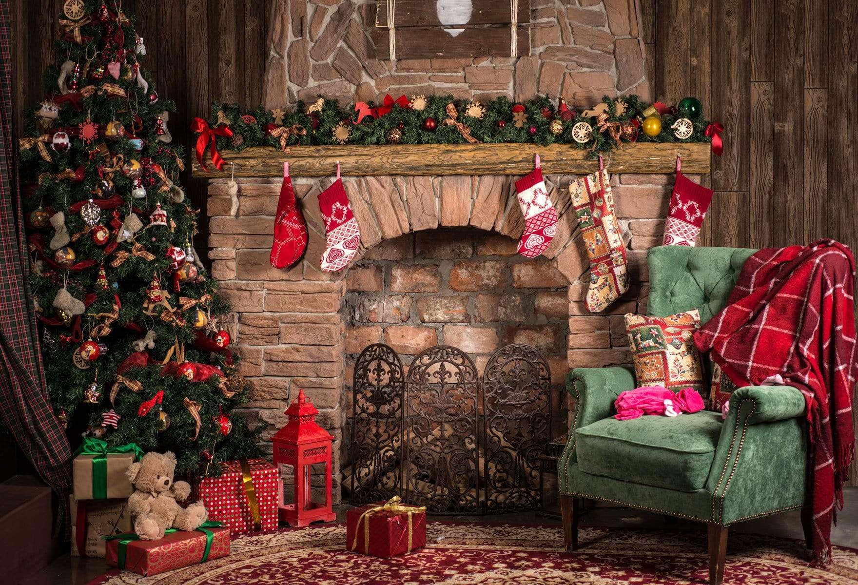 Katebackdrop Kate Christmas Fireplace parlor Decorations Backdrop for Photography