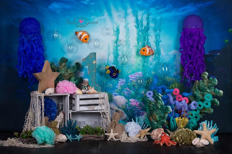 Kate mermaid under sea 1st birthday cake smash backdrop designed by studio gumot -UK