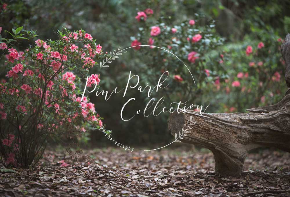 Kate Garden with log bench spring Backdrop for Photography Designed by Pine Park Collection -UK
