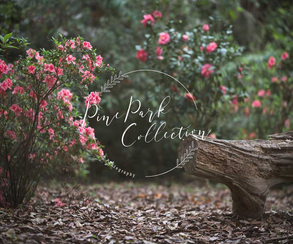 Kate Garden with log bench spring Backdrop for Photography Designed by Pine Park Collection -UK