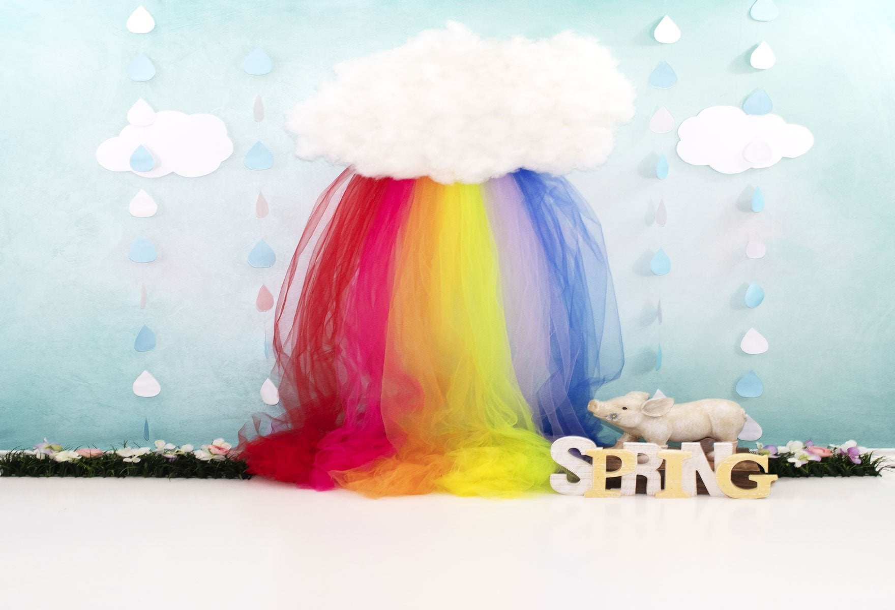 Kate Rainy Spring Rainbow with Decorations Children Backdrop for Photography Designed by Leann West -UK