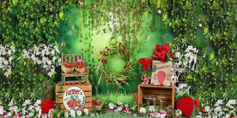 Kate Summer Strawberry White Flower Green Leaves Backdrop -UK