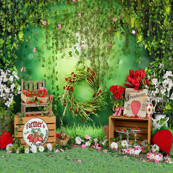 Kate Summer Strawberry White Flower Green Leaves Backdrop -UK