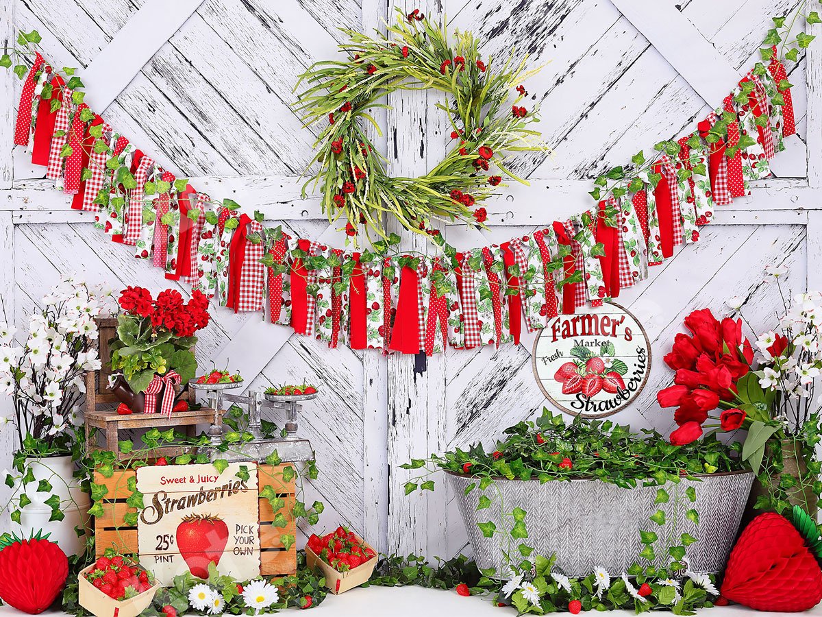 Kate Summer Strawberry White Wooden Board Birthday Backdrop