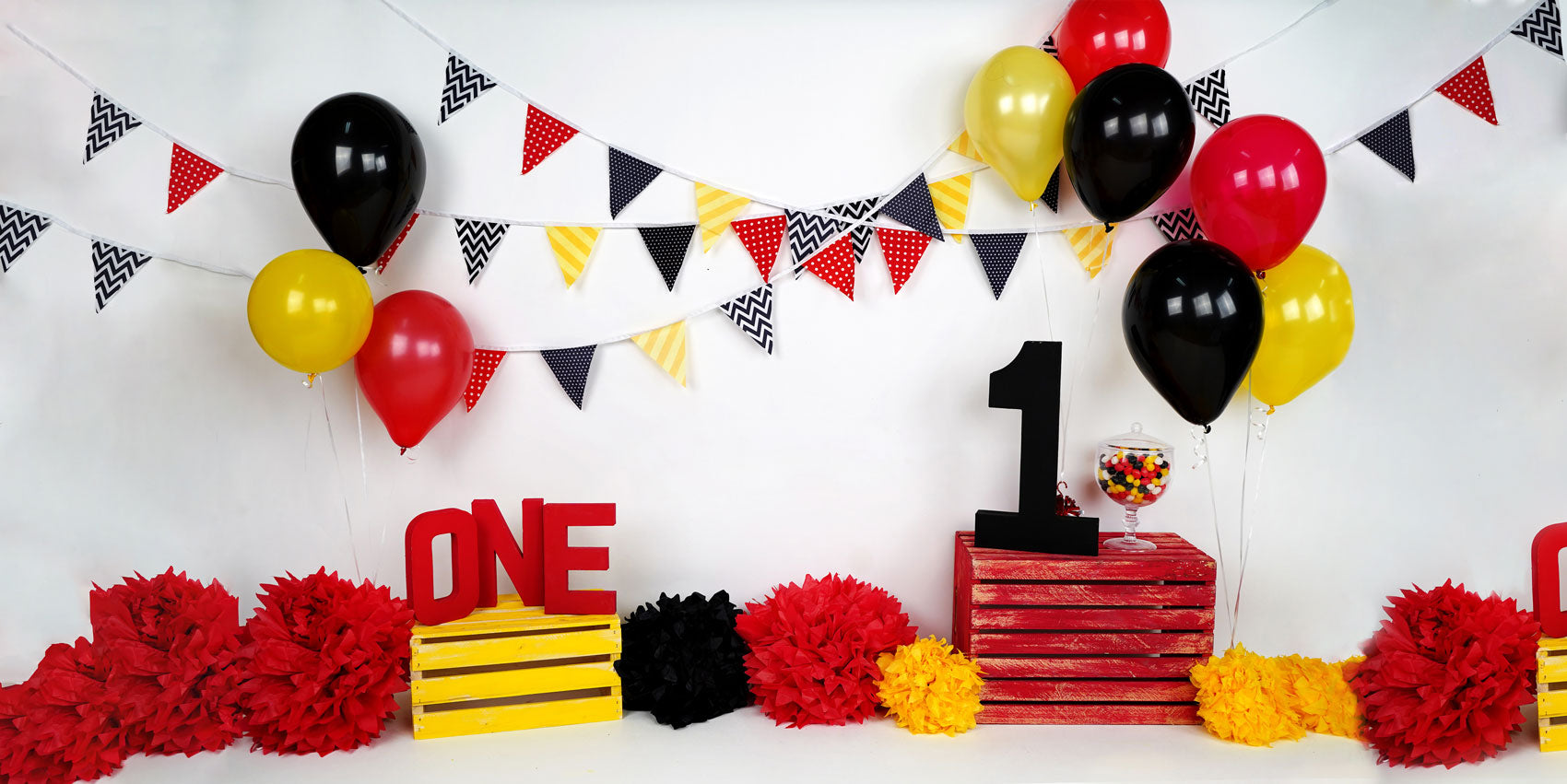 Kate Black Red Yellow Balloons 1st Birthday Backdrop Designed by Arica Kirby -UK