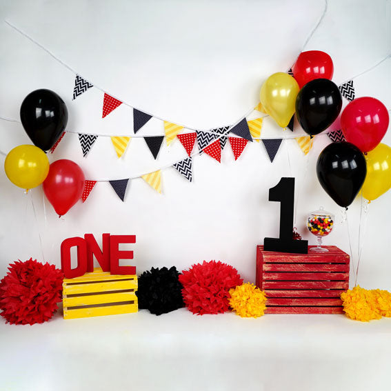 Kate Black Red Yellow Balloons 1st Birthday Backdrop Designed by Arica Kirby -UK