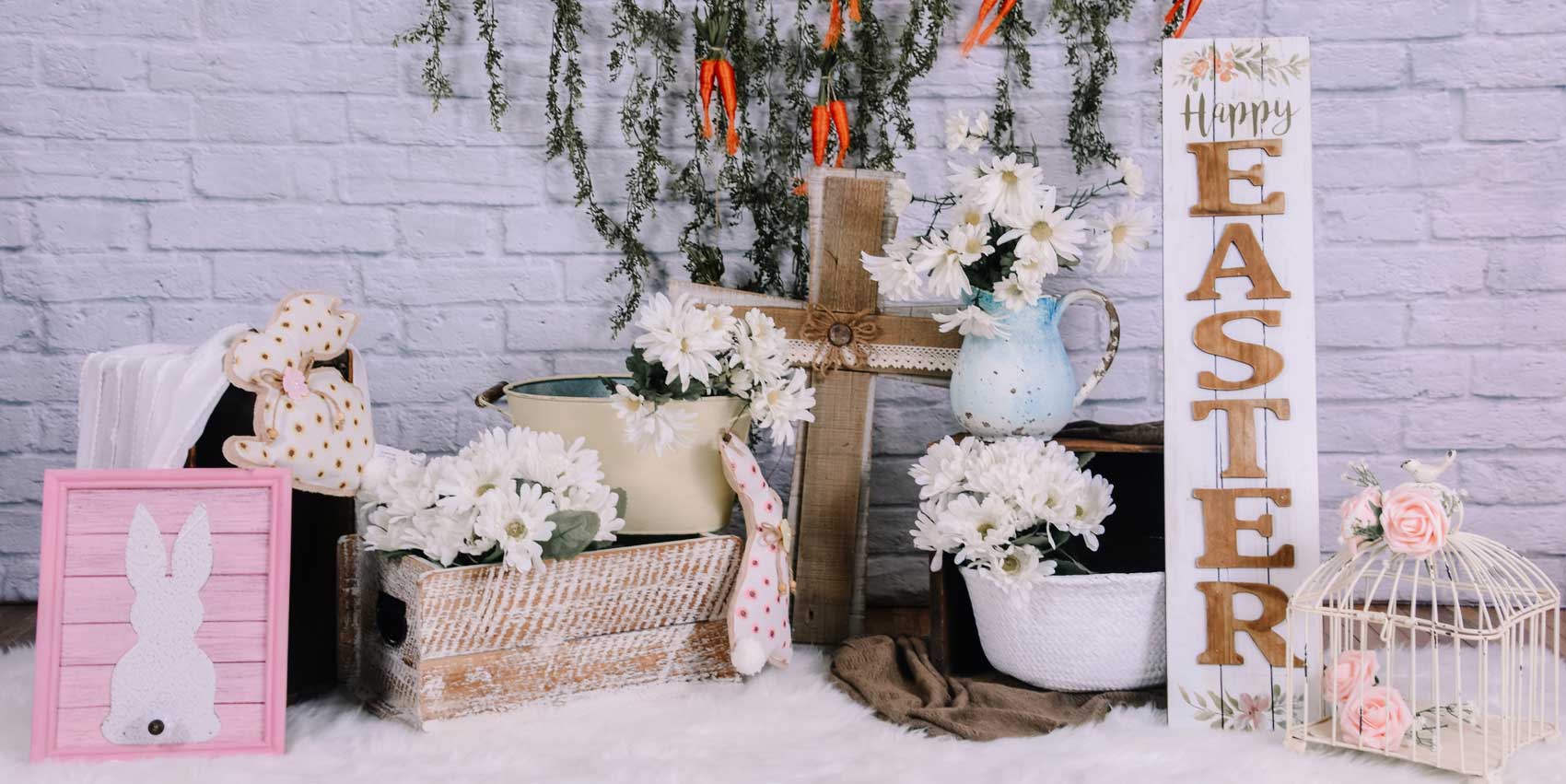 Kate Brick Wall with Carrots Banners Easter Backdrop for Photography Designed by Keerstan Jessop -UK