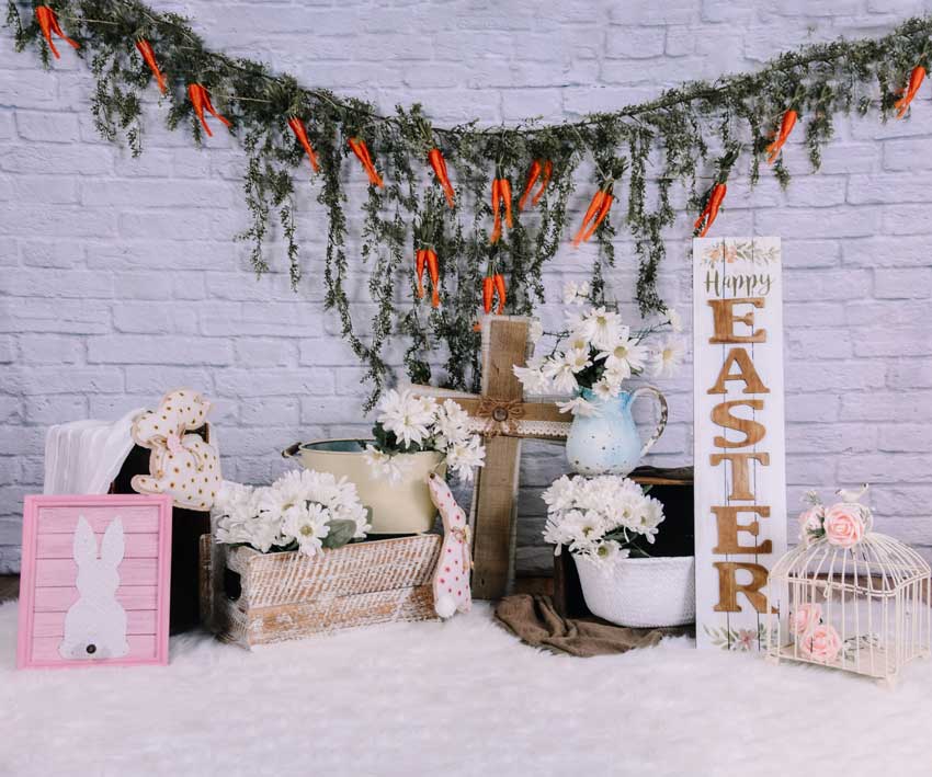 Kate Brick Wall with Carrots Banners Easter Backdrop for Photography Designed by Keerstan Jessop -UK