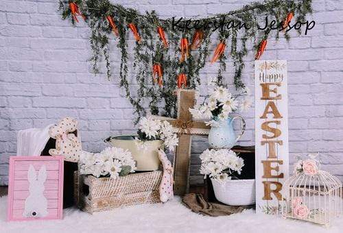 Kate Brick Wall with Carrots Banners Easter Backdrop for Photography Designed by Keerstan Jessop -UK