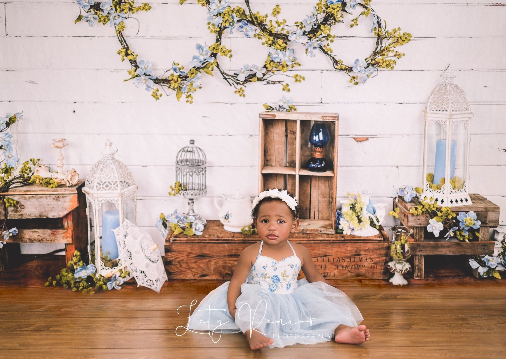Kate Enchanted Blue Floral Wreaths Backdrops Designed by Arica Kirby -UK