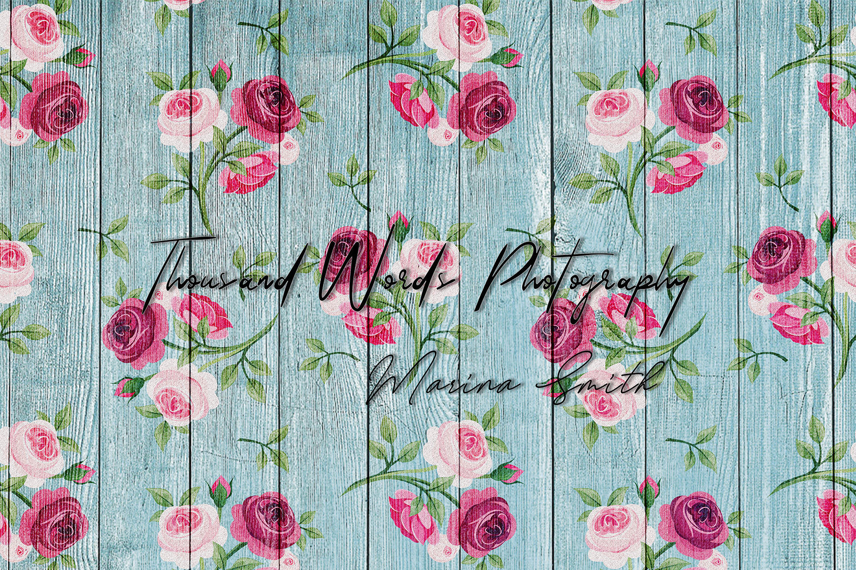 Kate Flower Vintage Roses Blue Backdrop Designed by Marina Smith -UK