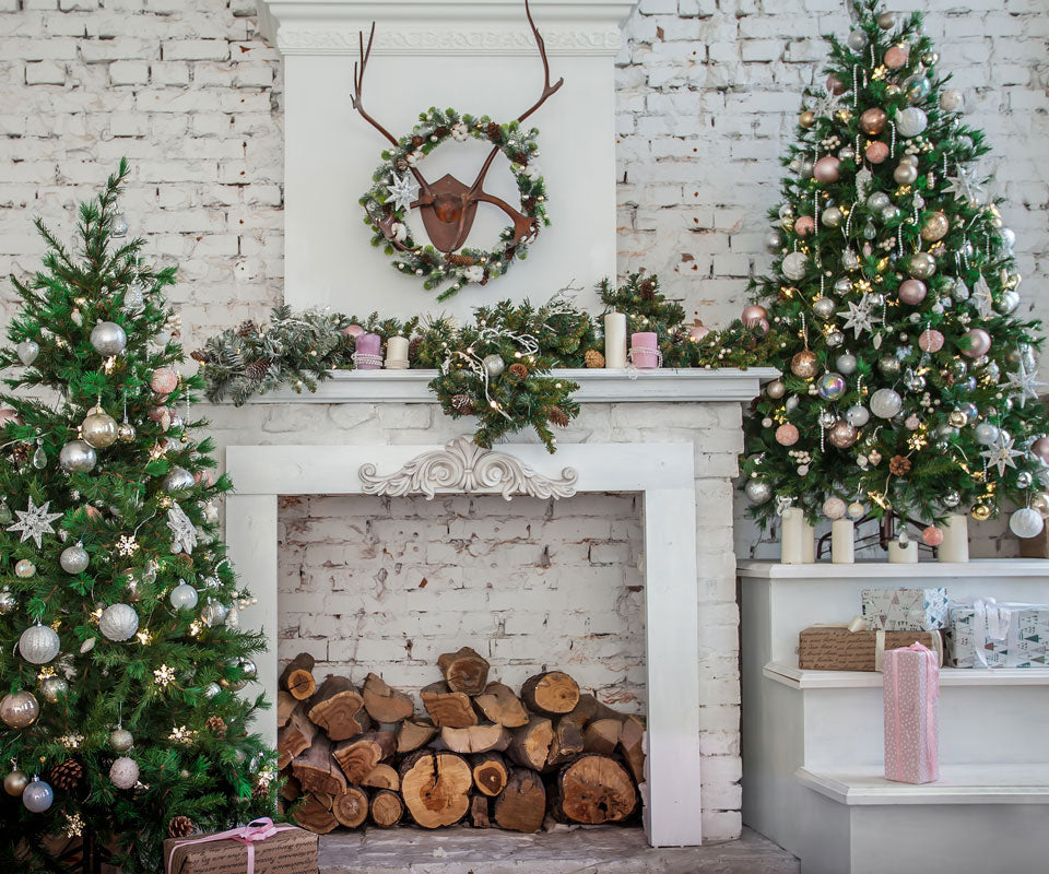Kate Christmas Tree with Fireplace White Brick Wall Warmful Backdrop for Photography -UK