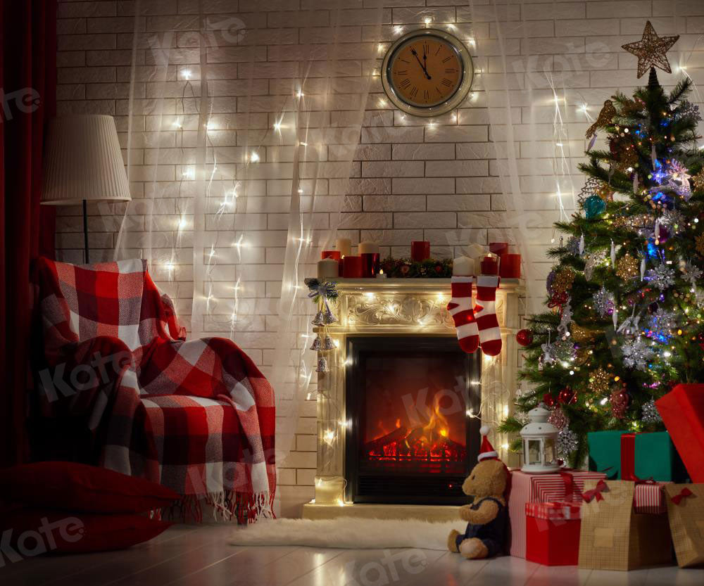 Kate Christmas Gifts Decoration Room with Fireplace Backdrop for Photography