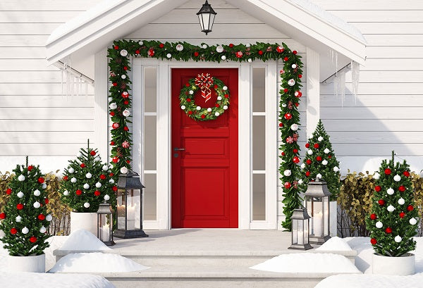 Christmas Red Door White House with Trees Decoration
