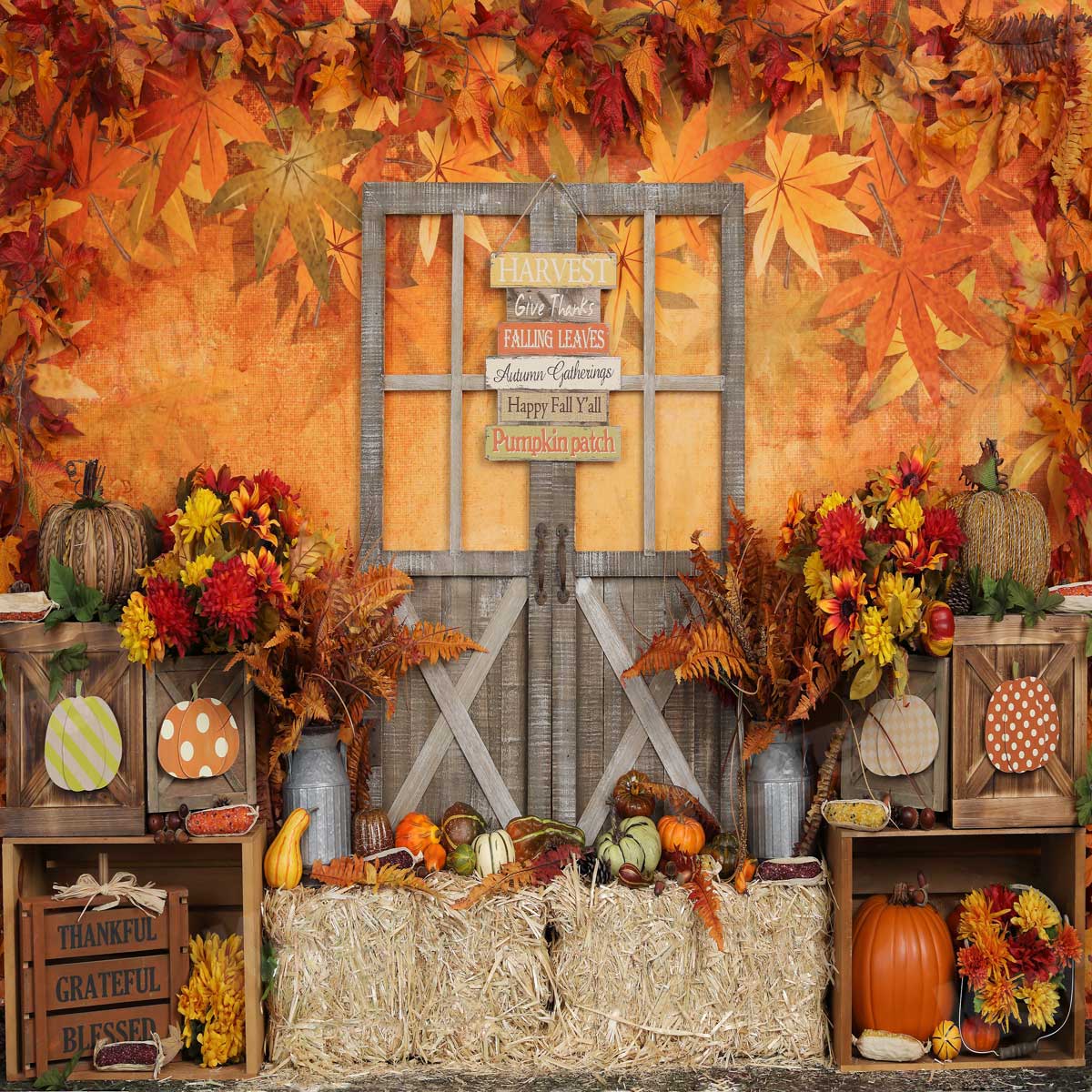 Kate Autumn Leaves with Pumpkins Thanksgiving Backdrop -UK