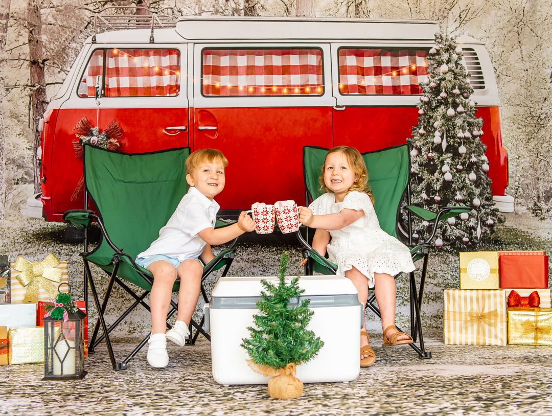Kate Christmas Tree Red Camper van in Snow Backdrop for Photography Designed by Kerry Anderson -UK