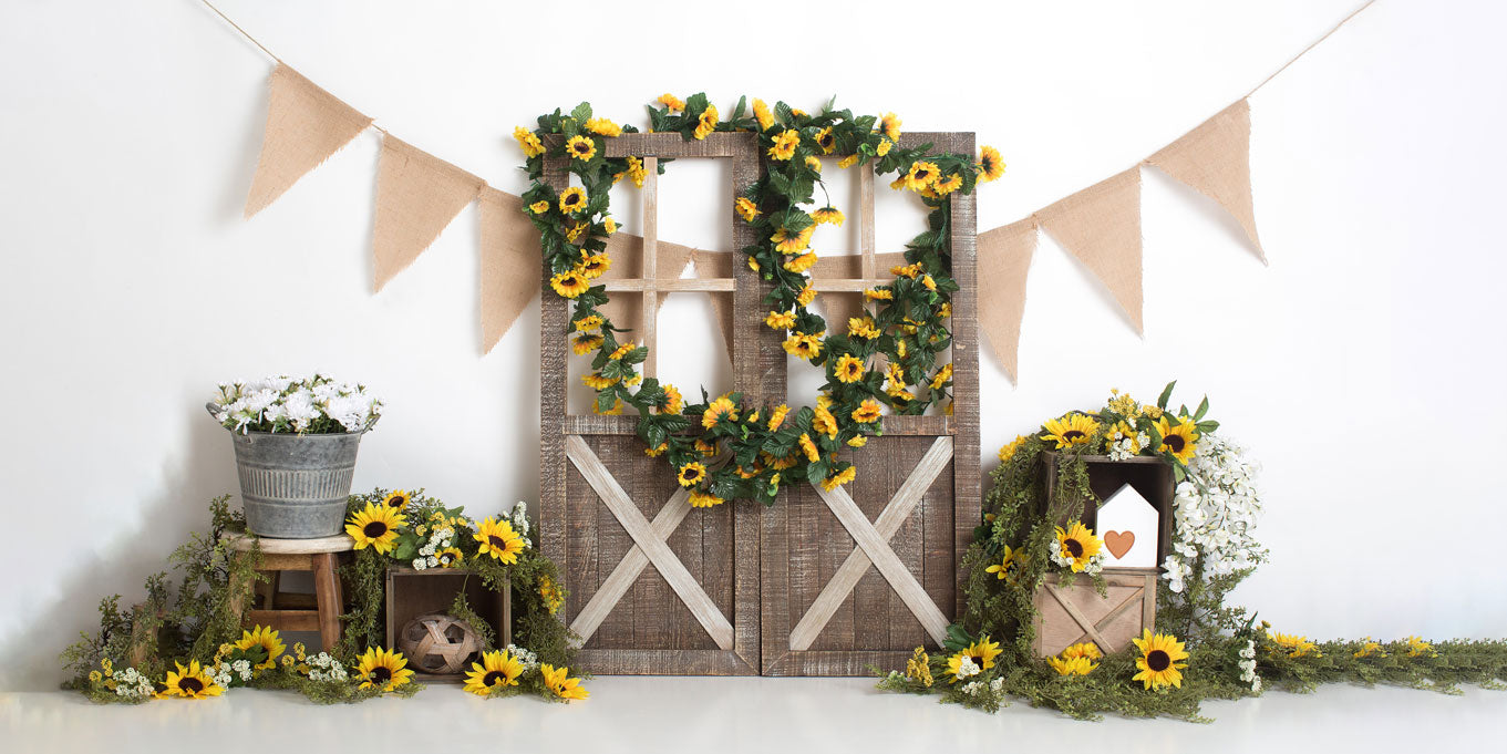 Kate Spring Sunflower Barn Door Decoration Backdrop Designed by Megan Leigh Photography -UK