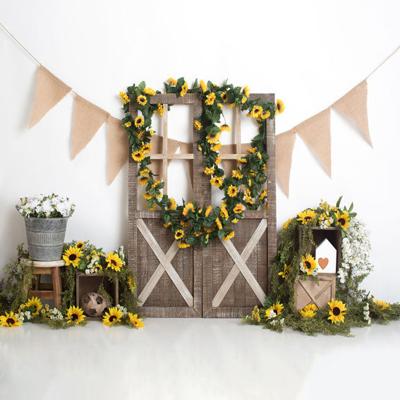 Kate Spring Sunflower Barn Door Decoration Backdrop Designed by Megan Leigh Photography -UK