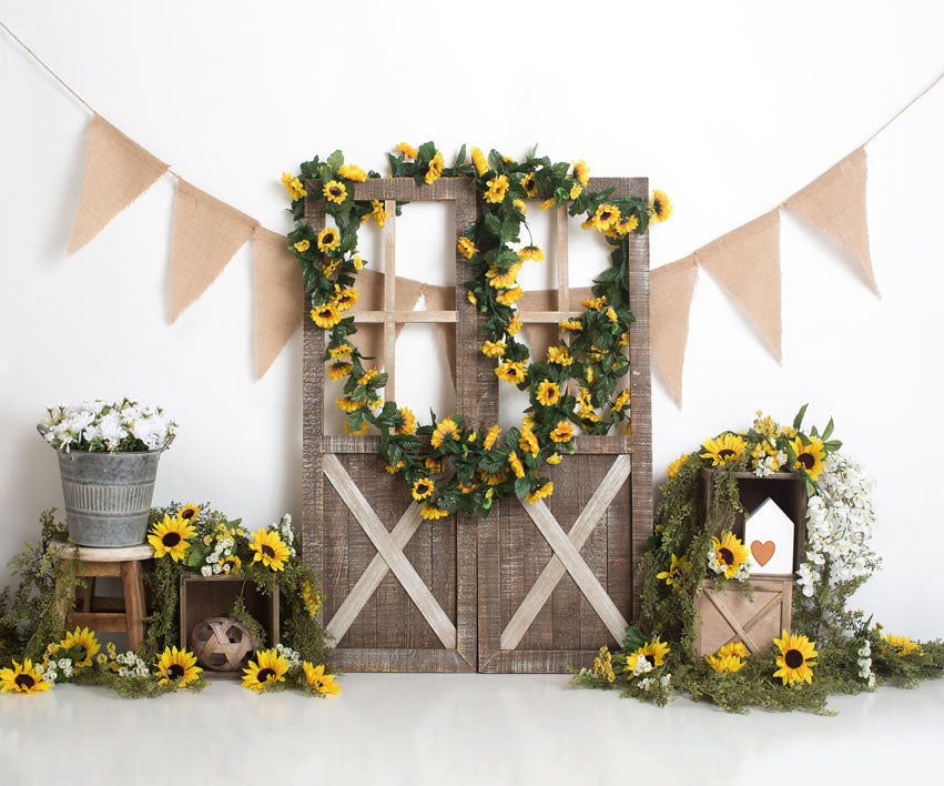 Kate Spring Sunflower Barn Door Decoration Backdrop Designed by Megan Leigh Photography -UK