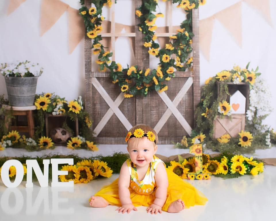 Kate Spring Sunflower Barn Door Decoration Backdrop Designed by Megan Leigh Photography -UK