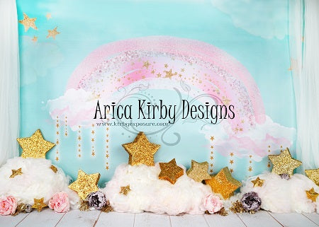 Pink Rainbow with Stars and Clouds Birthday Backdrop
