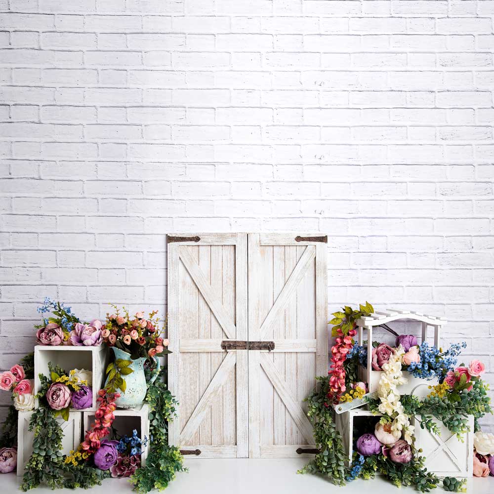 Kate Spring Colorful Flowers Barn Door Backdrop Designed by Megan Leigh Photography -UK