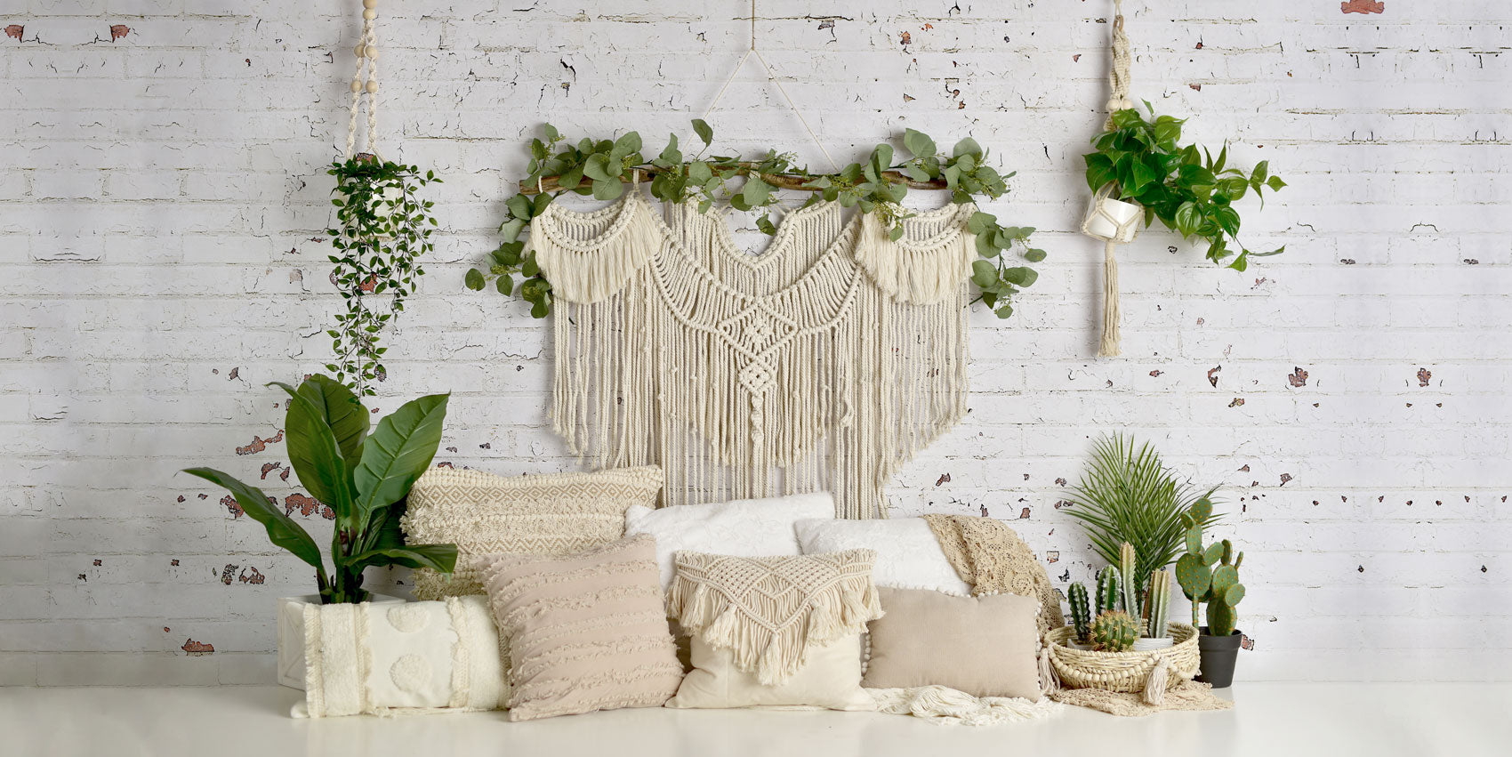 Kate Boho Macrame Pillows with Plants Backdrop Designed By Mandy Ringe Photography