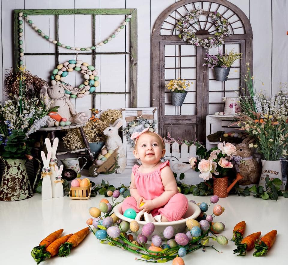 Kate Easter Spring Eggs Rabbit with Flowers Backdrop Designed By Rose Abbas -UK
