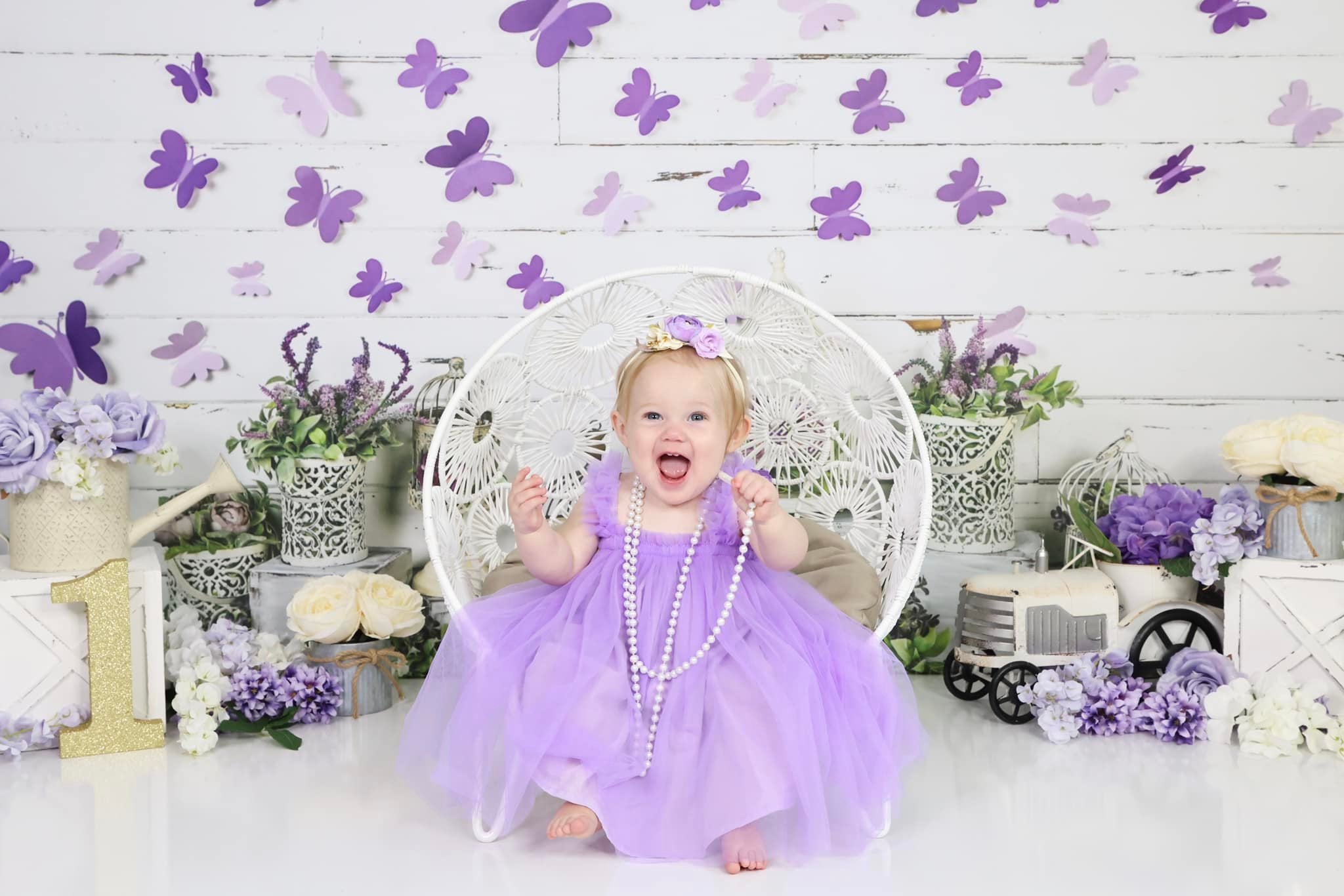Kate Spring Purple Butterfly Plants White Wall Backdrop Designed By Arica Kirby -UK