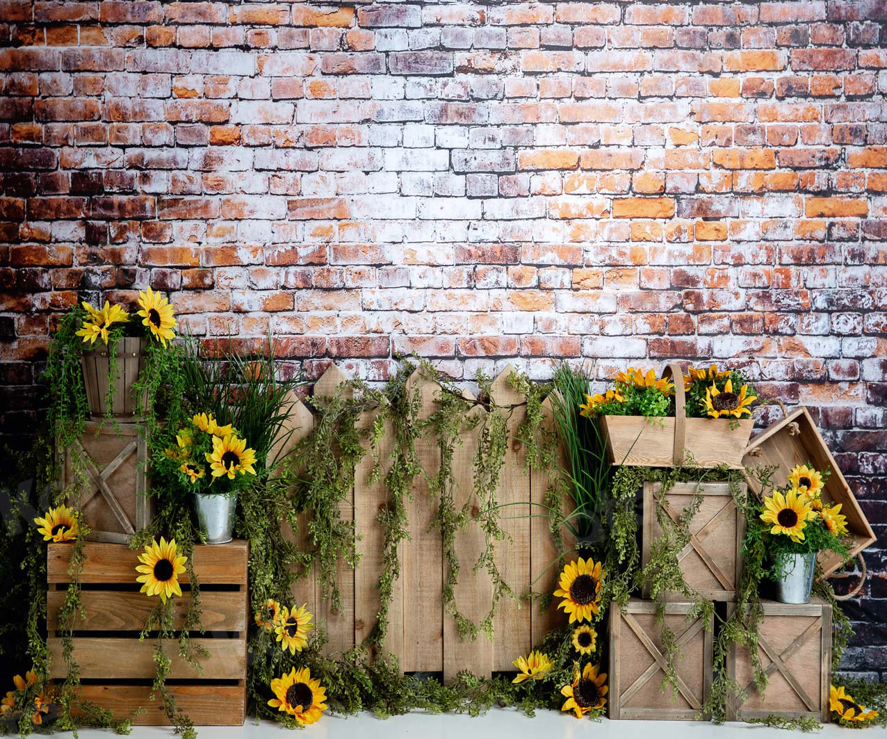 Kate Summer Sunflower Dark Brick Backdrop Designed by Megan Leigh Photography -UK