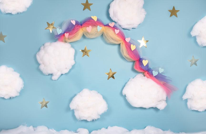 Kate Cake Smash Rainbow Clouds Blue Backdrop Designed By Angela Marie Photography -UK