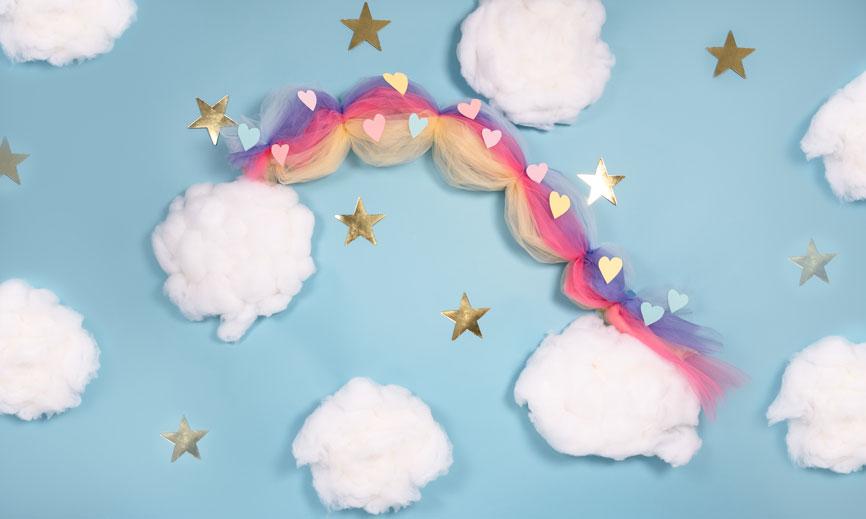 Kate Cake Smash Rainbow Clouds Blue Backdrop Designed By Angela Marie Photography -UK