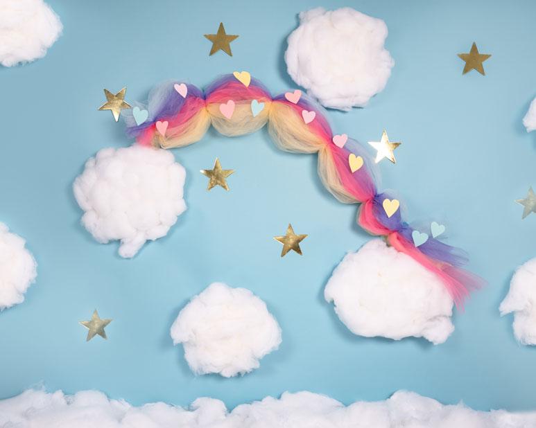 Kate Cake Smash Rainbow Clouds Blue Backdrop Designed By Angela Marie Photography -UK