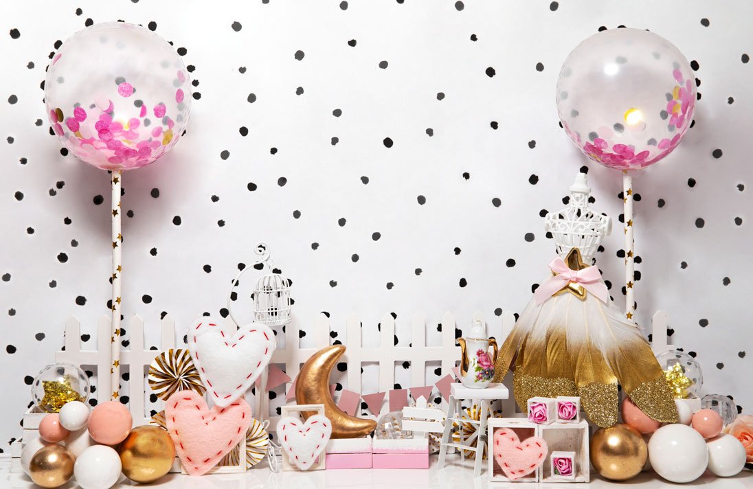 Kate Cake Smash Pink Peach Gold Dress Backdrop Designed by Mini MakeBelieve -UK