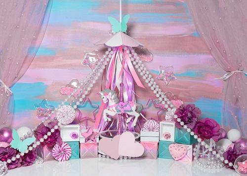 Kate Cake Smash Pink Carousel Unicorn Backdrop Designed by Mini MakeBelieve -UK