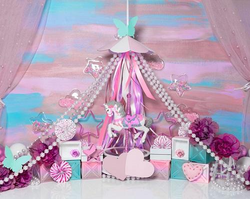 Kate Cake Smash Pink Carousel Unicorn Backdrop Designed by Mini MakeBelieve -UK