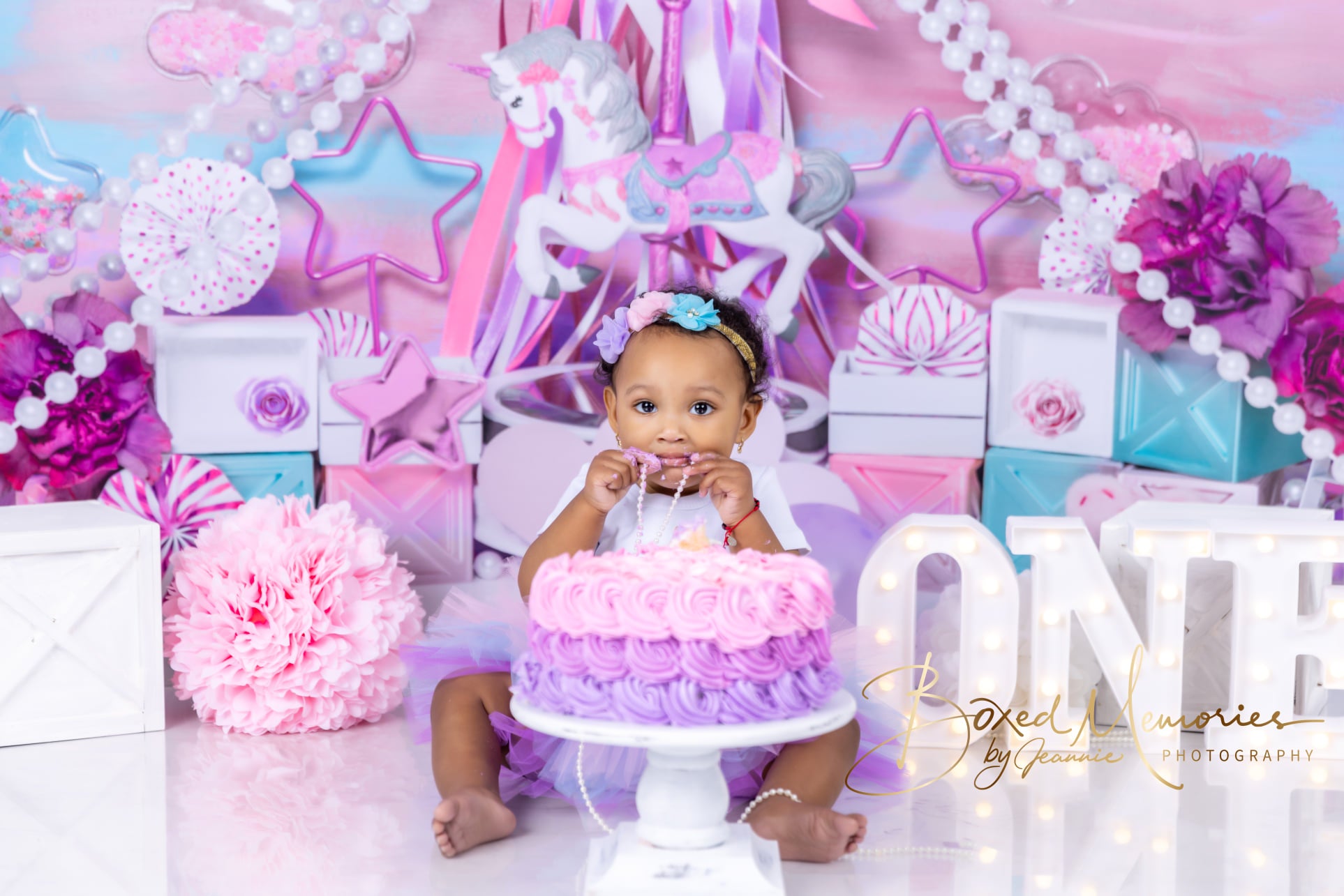 Kate Cake Smash Pink Carousel Unicorn Backdrop Designed by Mini MakeBelieve -UK