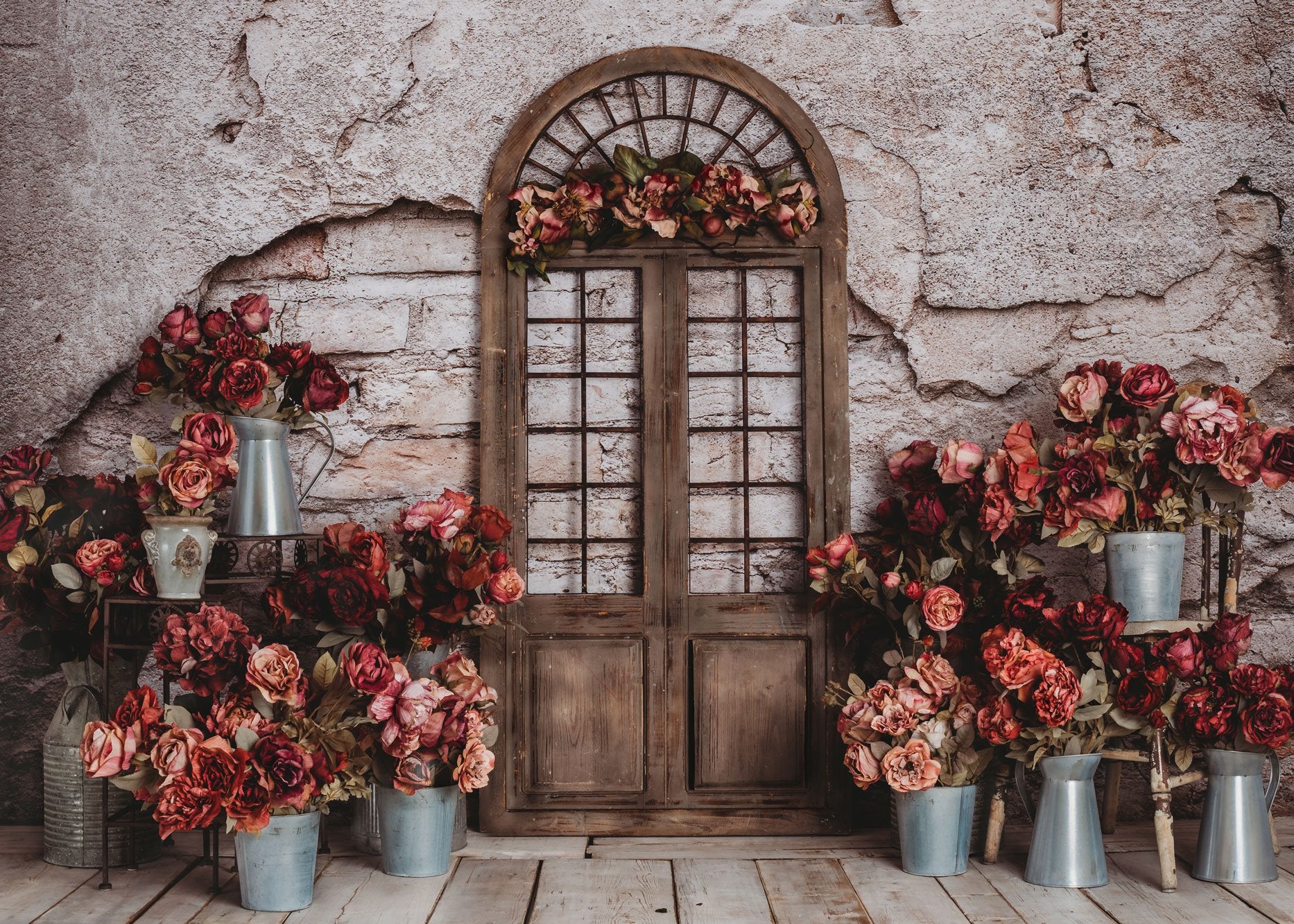 Kate Spring Red Flowers Door Do Old Brick Wall backdrop Designed by Rose Abbas -UK