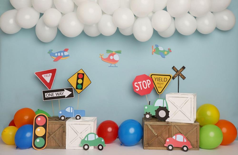 Kate Colorful Birthday Cars Trucks Airplanes Backdrop Designed by Melissa King -UK