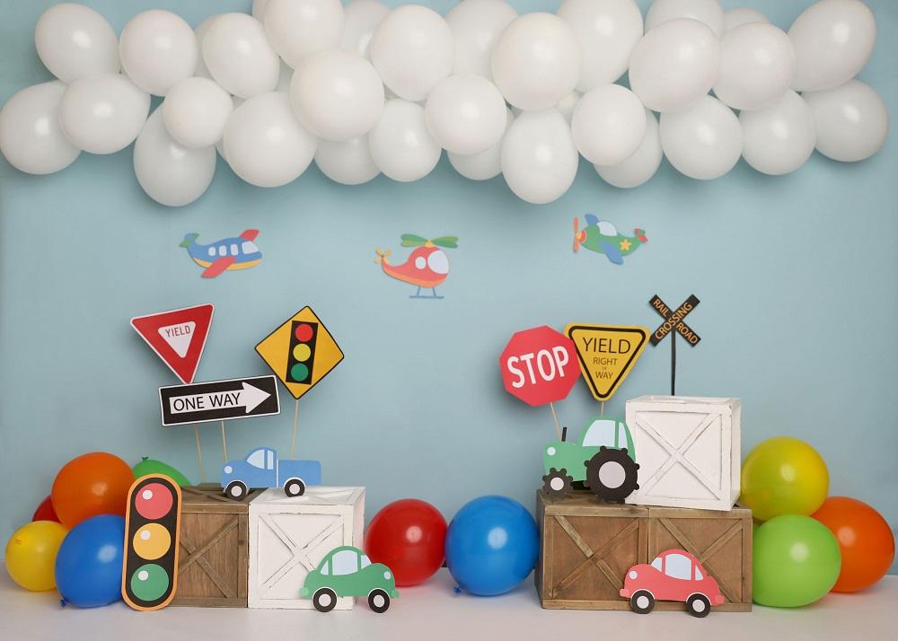 Kate Colorful Birthday Cars Trucks Airplanes Backdrop Designed by Melissa King -UK