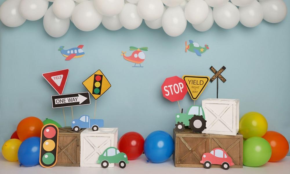 Kate Colorful Birthday Cars Trucks Airplanes Backdrop Designed by Melissa King -UK
