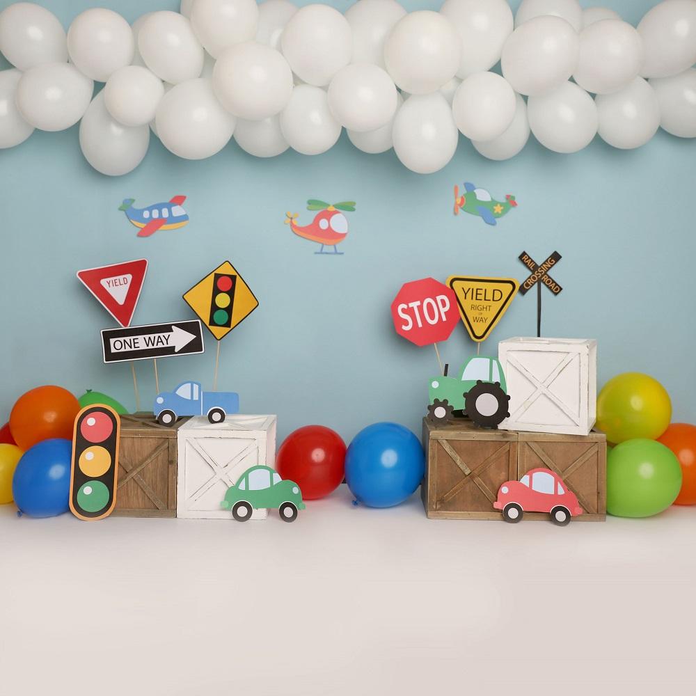 Kate Colorful Birthday Cars Trucks Airplanes Backdrop Designed by Melissa King -UK