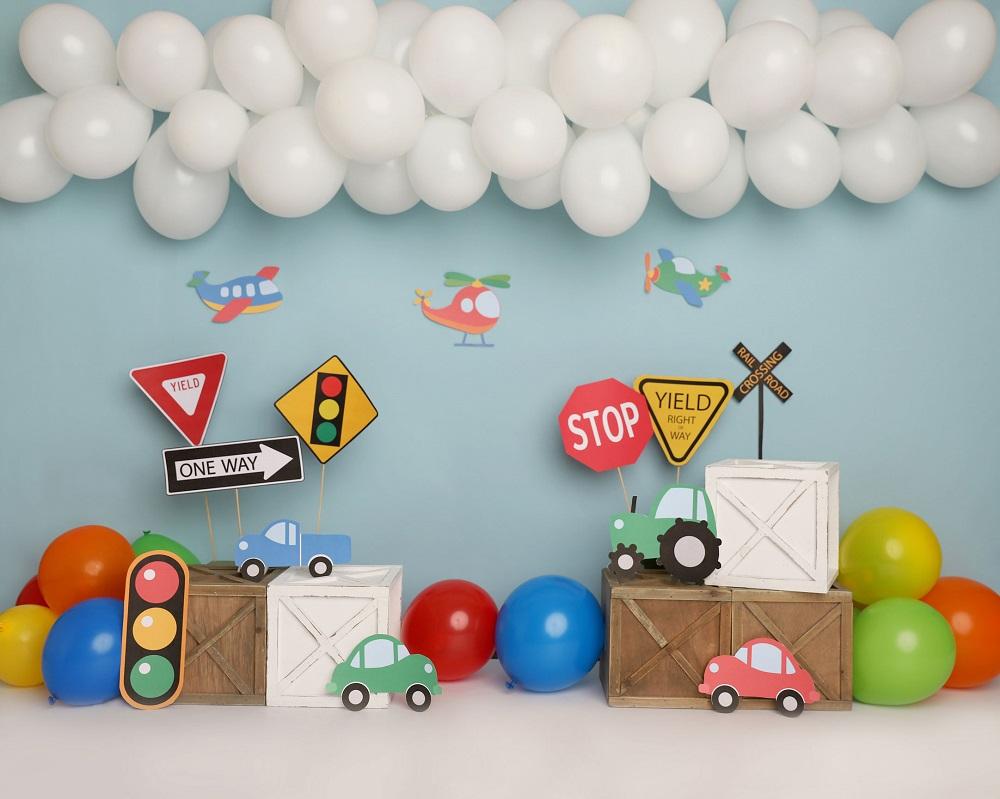 Kate Colorful Birthday Cars Trucks Airplanes Backdrop Designed by Melissa King -UK
