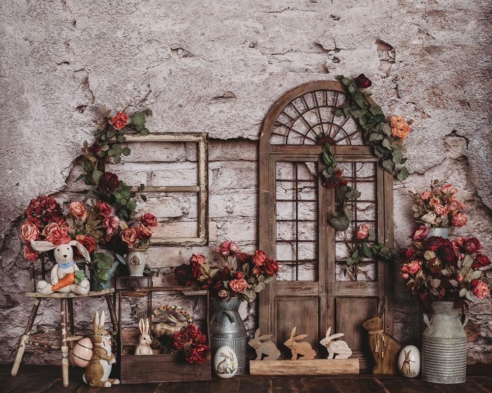 Kate Spring Easter Bunny Red Flowers Backdrop Designed by Rose Abbas -UK