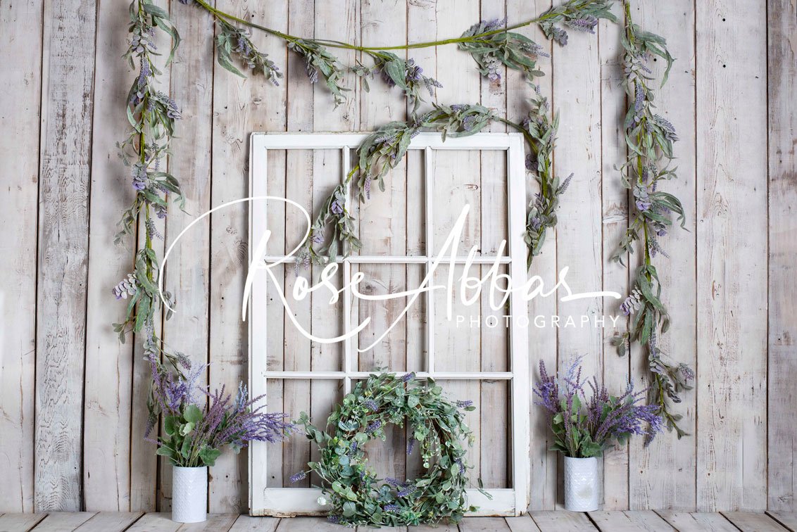 Kate Spring White Window Vine Wood Backdrop Designed by Rose Abbas -UK